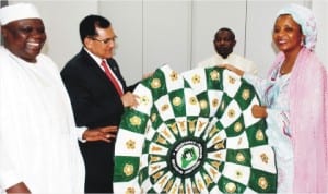 L-R: Managing Director, Pharmaplus Nig. Ltd., Alhaji Ahmed Yakasai, High Commissioner of Pakistan to Nigeria and Ghana, Retired Lt.-Gen. Muhammad Saleem and Executive Secretary, Nigerian Investment Promotion Commission, Mrs Saratu Umar, during the visit of the High Commissioner in Abuja last Friday, over Nigeria-Pakistan Pharma Investment Forum to be held in Lagos June 16 and 17.