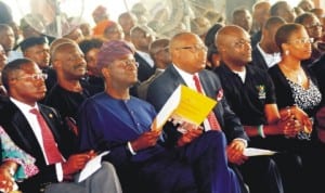  From Left: Lagos State Commissioner For Finance, Mr Ayo Gbeleyi; Gov. Babatunde Fashola of Lagos State; Commissioner for Housing, Mr Bosun Jeje; Executive Secretary,Lagos Home Ownership Mortgage Scheme, Mr  Akinola Kojosego and General Counsel  to Lagos State  Governor, Mrs Badejo Okusanya, at the 4th Draw of  Lagos Home Ownership Mortgage Scheme in Lagos  last Wednesday. 