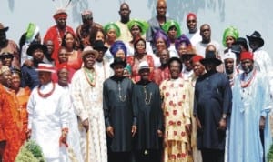  President Goodluck Jonathan, Vice President Namadi Sambo and members of Oil and Gas producing communities in Nigeria, after a meeting at the Presidential Villa in Abuja recently. Photo: NAN