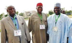 L-R: National Conference delegates, Dr A. B. C. Nwosu, Gen. Ike Nwachukwu (rtd) and Musa Elayo, at the conference last Tuesday.