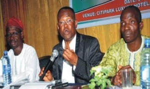 L-R: Executives of Association of Medical Laboratory Scientists, 1st National Vice Chairman, Alhaji Tojosi Raheem, President, Dr Godswill Okara and Secretary, Mr Robert Ashi, at a news conference on the Association’s National Executive Council meeting in Enugu last Monday.