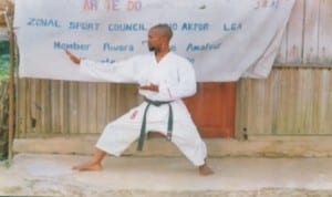 Head coach of Rivers State Karate Association,  Kingsley Eweli in action during a zonal karate championship in Port Harcourt, Rivers State, recently. 