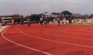 Athletes struggling for honours during 100m race during a national event in Port Harcourt, Rivers State, recently.