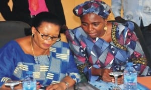Minister Of Water Resources, Mrs Sarah Ochekpe (right), with FAO Representative to Nigeria, Louise Setshwaelo, at the inception  and sensitisation workshop on development of National Irrigation Policy and Strategy in Abuja recently.