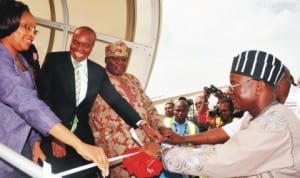 Kenya's Cabinet Secretaries, Tourism, Mrs Philip Kandie; Transport, Mr Kamau Michael; Nigeria’s Minister of Tourism, Chief Edem Duke and Supervising Minister of Aviation, Dr Samuel Ortom, inaugurating the maiden Kenya Airways flight in Abuja, recently