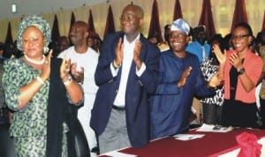 L-R: Lagos State Commissioner for Education, Mrs Olayinka Oladunjoye, Governor Babatunde Fashola of Lagos State, Commissioner for Transportation, Mr Kayode Opeifa and Senior Special Assistant to Lagos State Governor on Transport Education, Dr Mariam Masha, at the finals of "Be Road Friendly" competition in Lagos,  yesterday. Photo: NAN