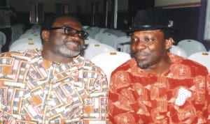 Member representing Bonny, Constituency in Rivers State House of Assembly, Hon Aye A. Pepple (right) with Commissioner for Transport, Rivers State, Hon George Tolofari (left) during official commissioning/handover ceremony of Bonny Women’s Hall constructed as constituency  project  recently. Photo: Sampson Egberi