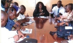 Picture show, the Rivers State Commissioner for Information and Communications , Mrs Ibim Semenitari (middle) fielding questions from newsmen, during  her news briefing Monday on the grounding of Governor Chibuike Amaechi’s  chartered flight in Kano by the Nigerian Aviation Management Agency. Photo: Chris Monyanaga