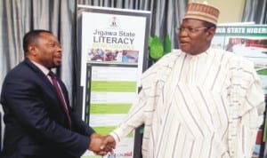  Director,  Air Drum and Airspace Standard, Mr Nkemakolam Daniel (left), being received by Governor Sule Lamido of Jigawa State,  during his visit to the Governor after inspection of  Dutse International Airport, last Wednesday. Photo: NAN