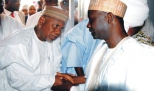 Governor Ibrahim Dankwambo of Gombe State (right) being consoled by the Acting Governor of Taraba State, Alhaji Garba Umar who paid him condolence visit Gombe, recently.