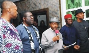 L-R: Governor Sullivan Chime of Enugu State, Deputy Governor Eze Madumere of Imo State, Governor Theodore Orji  of Abia State,  Governor Martin Elechi of Ebonyi State and Deputy Governor Nkem Okeke of Anambra State, addressing newsmen after South-East Governors meeting in Enugu, last Sunday.