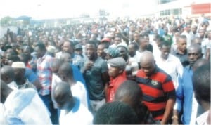 Rivers State indigenes protesting against the imposition of Justice Daisy Okocha as Administrative Judge of the High Court on Rivers people at the state High Court premises, last Wednesday. Photo: Egberi Sampson