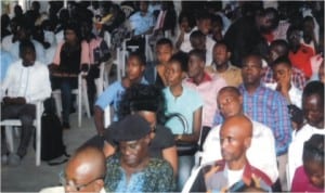 Members of the National Association of Nigerian Students and youths of Rivers State meeting to reject the appointment of Justice Daisy Okocha as administrative Judge of Rivers State High Court in Port Harcourt, yesterday. Photo: Egberi Sampson