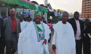 Governor  Ibikunle Amosun of Ogun State (2nd  left) and Governor  Rauf Aregbesola of Osun State (2nd right), arriving at the venue of APC National Convention in Abuja last Saturday.