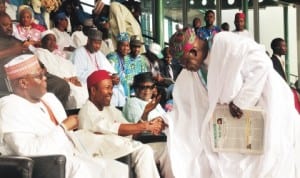 Former Governor of Lagos State, Senator Bola Tinubu (right), in a handshake with Dr Ogbonnaya Onu during APC National Convention in Abuja last Saturday. With them are former Vice President Atiku Abubakar (left) and former Minister of Information, Prince Tony Momoh