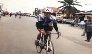 A cyclist struggling for honour during a national event in Port Harcourt, Rivers State, recently