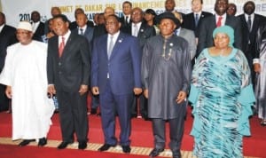 L-R: President Ibrahim Keita of Mali, President Boni Yayi of Benin Republic, President Macky Sall of Senegal, President Goodluck Jonathan and Chairperson, African Union Commission, Dr Nkosazana Zuma, at Dakar Financing Summit for Africa’s infrastructure development in Dakar, Senegal last Sunday.