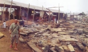 Rubbles of the Marine Base Timber Market, Port Harcourt gutted by fire recently.