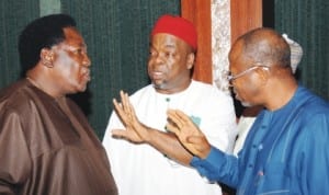 L-R: Minister of Culture, Tourism and National Orientation, Chief Edem Duke; Minister of Labour and Productivity, Chief Emeka Wogu and the Director-General, Bureau for Public Procurement, Mr Emeka Ezeh, at the Federal Executive Council meeting in Abuja, last Wednesday. Photo: NAN