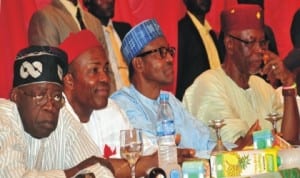 L-F: APC chieftains, Senator Bola Tinubu, Chief Ogbonnaya Onu, former Head of State, Retired Maj.-Gen. Muhammadu Buhari and APC National Chairman, Chief John Odigie Oyegun, at the inauguration of new executives of the party in Abuja, last Wednesday.