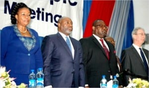 L-R: Executive Director, Mobil Oil Nigeria Plc, Mrs Mayen Adetiba, Company Secretary, Mr Emmanuel Amade, Chairman/Managing Director, Mr Adetunji Oyebanji and Executive Director, Mr Alastair Macnaughton, at the company’s Annual General Meeting in Lagos, recently.