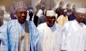 Former Head of  State, Gen. Mohammadu Buhari, Former Vice President Atiku Abubakar and Gov. Aliyu Wamakko of Sokoto State, at the wedding of Gov. Wamakko's son in Sokoto last Saturday. Photo: NAN