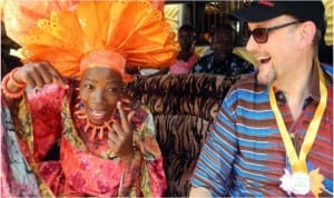 Director, Nike Centre for Arts and Culture, Chief Nike Davies-Okundaiye (left), with Ambassador of the European Union to Nigeria, Mr Michel Arrion, at the 2014 Ogidi-Ela Day in Kogi State, last Saturday.