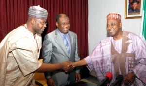 Vice President Namadi Sambo (right), in a handshake with the Minister of State for Power, Mohammed Wakil (left), during a courtesy visit by North South Power Limited executives in Abuja recently. With them is the Minister of Power, Prof. Chinedu Nebo.