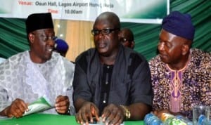 From Left: Governor Abdulfatai Ahmed of Kwara State, Chairman, Nigerian Union of Journalists, Lagos Council, Mr Deji Elumoye and Nuj Secretary, Zone B, Mr Gbenga Lawal, at a lecture to mark June 12 in Lagos recently. Photo: NAN