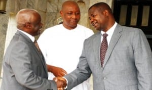  Managing Director, News Agency of Nigeria (Nan), Mr Ima Niboro (right), welcoming the chairman, Subsidy Re-investment and Empowerment Programme (Sure-p), Retired Gen. Martin Agwai to Nan Headquarters in Abuja last Wednesday. With them is National Nuj President/Member, Sure-p Board, Malam Mohammed Garba. Photo: NAN