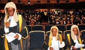 President, Nigeria Bar Association, Chief Okey Wali, Speaking at the Valedictory Court Session in Honour of Late Justice Chukwudifu Oputa in Abuja on Thursday (19/6/14). Photo: NAN