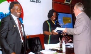 Airfrance District Manager South-East Nigeria, Peyo Labeguerie (right) presenting souvenir to Executive Chairman, Rivers State Internal Revenue Service, Osila Obele-Oshoko, with them. President PHCCIMA, Engr Emeka Unachukwu (left) at the PHCCIMA Council meeting. Photo: Egberi .A. Sampson