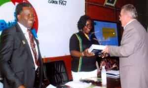 Airfrance District Manager South-East Nigeria, Peyo Labeguerie (right) presenting souvenir to Executive Chairman, Rivers State Internal Revenue Service, Osila Obele-Oshoko, with them. President PHCCIMA, Engr Emeka Unachukwu (left) at the PHCCIMA Council meeting. Photo: Egberi .A. Sampson 