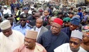 From 2nd left: Vice President Namadi Sambo, Secretary to the Government of the Federation, Sen. Anyim Pius Anyim and fct Minister, Sen. Bala Mohammed, at the scene of Emab Shopping Mall bomb blast on Aminu Kano Crescent, Wuse 2 in Abuja, yesterday. Photo: NAN