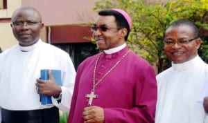 L-R Anglican Archdeacon, Prisons and Police Chaplaincy, Ven. Jonathan Agbo, Anglican Archbishop  of Enugu, Archbishop Emmanuel Chukwuma and Vicar, All Saints Church Enugu, Ven. Honest Nwosu, during a news conference on the 4th session of the Anglican 15th Synod in Enugu, yesterday.