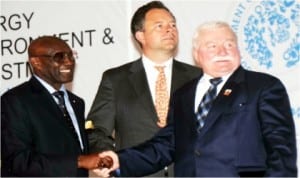 L-R: President, Energy Globe Foundation, Prof. Edward Ayensu, former Massachusetts Secretary of Energy and Environmental Affairs, Ian Bowles and former President of Poland, Lech Walesa, at the Energy Environment and Investment Forum in Port Harcourt, yesterday.