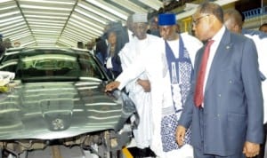 L-R: Former head of State, Retired Gen. Yakubu Gowon, Gov.Mukhtar Yero of Kaduna State and Minister of Industry, Trade and Investment, Dr Olusegun Aganga, at the launch of Peugeot 301 Production in Nigeria in Kaduna yesterday. Photo: NAN