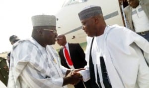 Former Vice President, Alhaji Atiku Abubakar (right) being received by the Deputy Speaker of Jigawa State House of Assembly, Alhaji Audu Dauda at Dutse International Airport last Wednesday. Photo: NAN