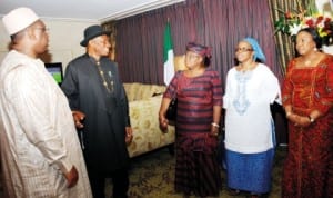 L-R: President Macky Sall of Senegal, President Goodluck Jonathan; Minister Of Finance, Dr Ngozi Okonjo-Iweala; Nigeria's Ambassador to Senegal, Mrs Katyen Catherine Jackden and the Special Adviser to the President on Nepad, Mrs Fidelia Njeze, during arrival of President Jonathan for the Dakar Financing Summit for Africa's Infrastructure Development in Senegal last Saturday.