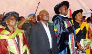 From Right: Chairman, Governing Council of Lagos State College of Health Technology, Dr Abiola Tilley-Gyado, Lagos State Health Commissioner, Dr Jide Idris, Governor Babatunde Fashola of Lagos State and the Special Adviser on Public Health, Dr Yewande Adeshina, at the 2nd Convocation of Lagos College of Health Technology in Lagos yesterday. Photo: NAN