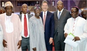 L-R: Oyo State Deputy Governor, Mr Moses Adeyemo, Gov. Rotimi Amaechi of Rivers, APC Chieftain, Asiwaju Bola Tinubu, Lecturer, Dr Larry Diamond, Former Chief of Army Staff, Gen. Abdurahman Dambazau and Rev. Father Hassan Kukah at the inaugural Freedom House Democracy Lecture in Lagos, last Tuesday