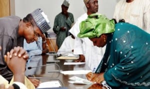 Governor Isa Yuguda of Bauchi State (left), with new Bogoro LGA Caretaker Committee Chairperson, Mrs Hassana Arkila, during the swearing-in of newly appointed local government Caretaker Committee Chairmen in Bauchi last  Wednesday. Photo: NAN