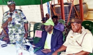 L-R: Commander, Joint Task Force, Bayelsa State, Commodore Ime Henry Ekpa, Commander, National Drug Law Enforcement Agency, Mr Frank Hanachor and Assistant Comptroller of Immigration, Mr Benaebi Oba, at the 2014 International Day Against Drug Trafficking in Yenagoa, recently.