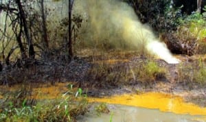 Mixture of oil and gas discharging into the environment at Ikarama Oil Fields operated by Nigeria Agip Oil Company in Yenagoa Lga, Bayelsa State.