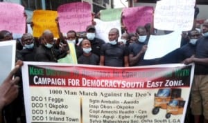 Tricycle operators in Anambra State, Campaign for Democracy South-East Zone, protesting over alleged police extortion and multiple levies in Onitsha last Friday