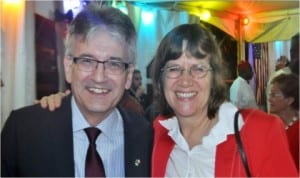 German Ambassador to Nigeria, Mrs Dorothee Janetzke-Wenzel and her French counterpart, Jacques Champagne De Labriolle, after the quarter-final match between both countries at the 2014 World Cup in Brazil.