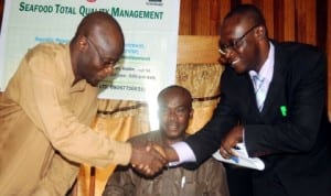 L-R: Representative of Oyo State Director, Federal Ministry of Agriculture and Rural Development, Mr Ade Adeoye, Chairman, Aquatic Bio-Security Awareness Foundation, Rev. Eddy Chukwu and Head, Nigeria Fishries Laboratory Services, Mr Augustine Eze, at a workshop on Food Total Management in Ibadan last Monday 