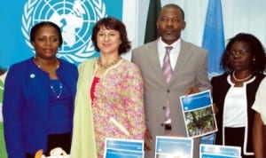 L-R: President, Strategy for Mentoring Indicative and Leadership Empowerment, Mrs Bimpe Martins, Senior Information Officer, UNIC, Ms Envera Selimovic, representative of Governor of Lagos State, Mr Seun Akinsaya and representative of UN Resident Coordinator in Nigeria,Ms Colleen Zamba, at the regional launch of the Millennium Development Goals Report 2014 in Lagos, last Monday.