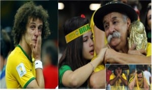 Brazil's  David Luiz (left) cries after his team lost 7-1 to Germany in their 2014 World Cup semi-finals at the Mineirao stadium in Belo Horizonte,  while emotional Brazil fans mourn the  defeat. 