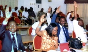 Members of Rivers State House of Assembly voting to approve a loan of $280million for the state governor to execute water and sanitation projects, during the sitting of the House in Port Harcourt, last Monday.  Photo: Chris Monyanga